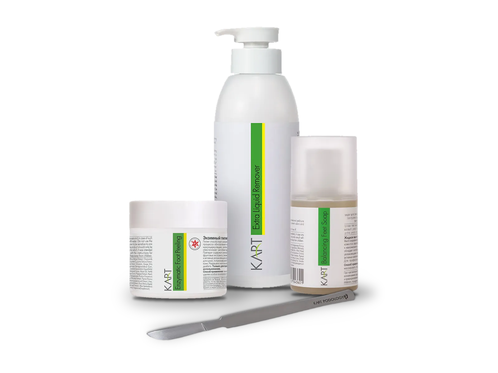 Набор со шпателем: Balancing Feet Soap (7001), Foot Enzimatic Peeling (7004), Extra Liquid Remover (7032), Шпатель KART Podology (7091)